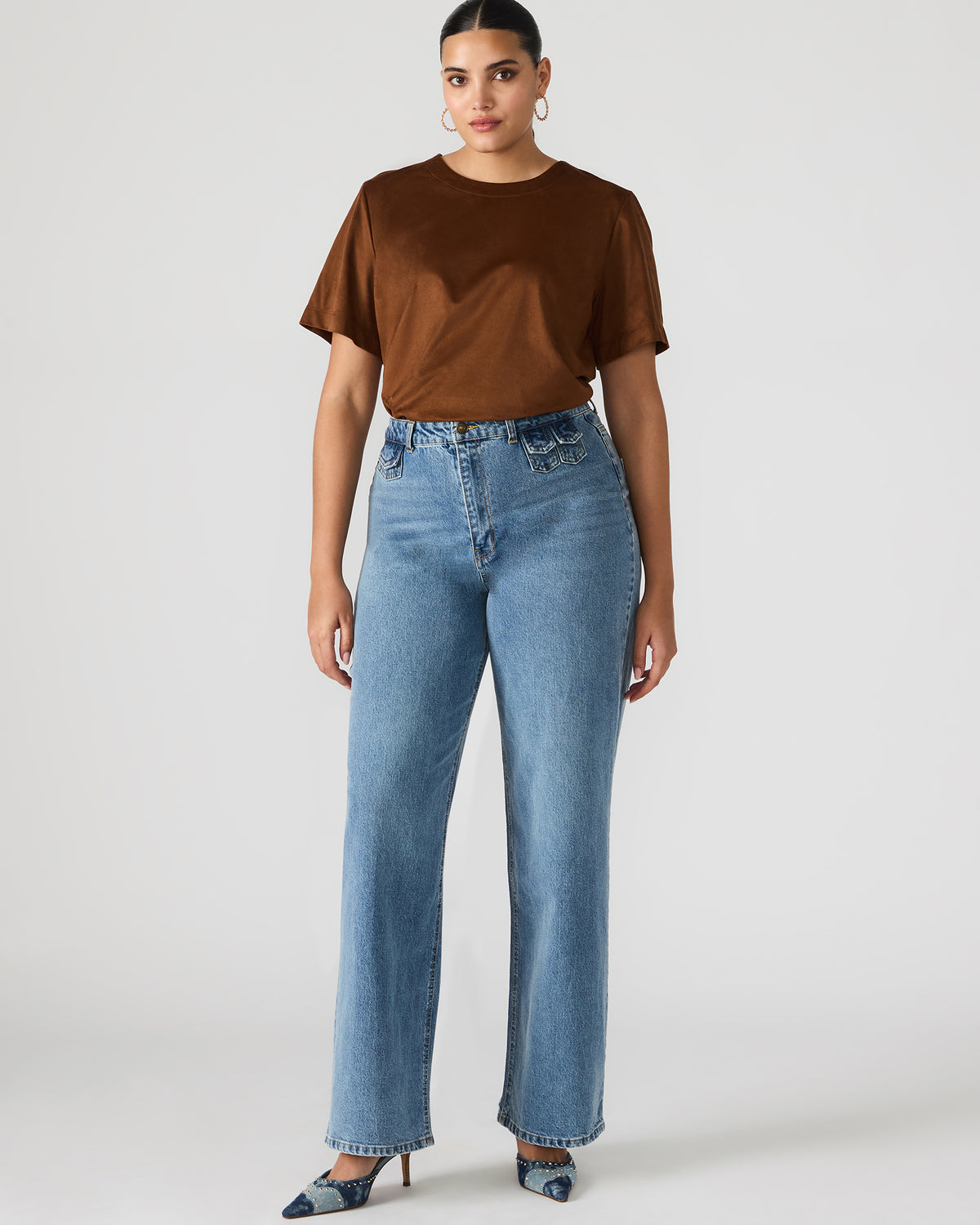 EZRA Chicory Coffee Short-Sleeved Faux-Suede Women's Top | Steve Madden Quality