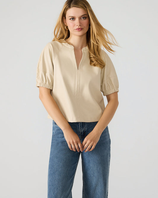 ROXANNE Bone Short-Sleeved Faux Leather Puff Sleeve Women's Top | Steve Madden Customer Favorite