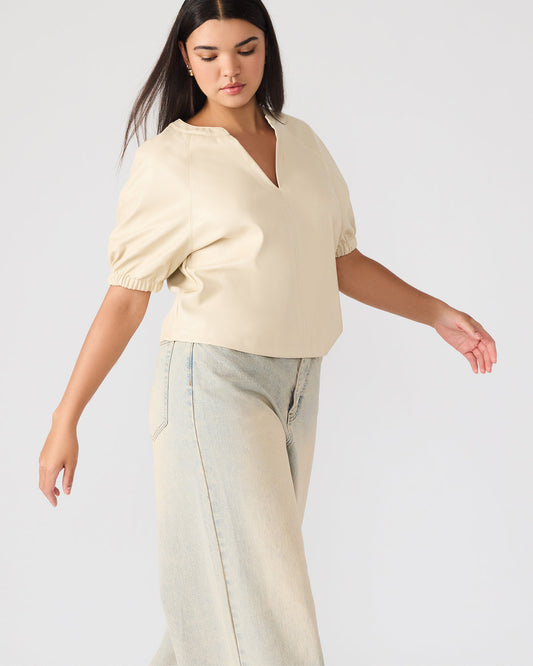 ROXANNE Bone Short-Sleeved Faux Leather Puff Sleeve Women's Top | Steve Madden Customer Favorite