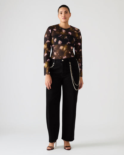 LILIANNA Black Multi Mesh Sheer Long-Sleeved Floral Print Women's Top | Steve Madden Recommended