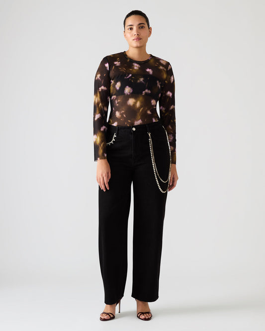 LILIANNA Black Multi Mesh Sheer Long-Sleeved Floral Print Women's Top | Steve Madden Recommended