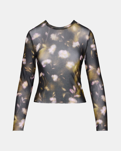 LILIANNA Black Multi Mesh Sheer Long-Sleeved Floral Print Women's Top | Steve Madden Recommended