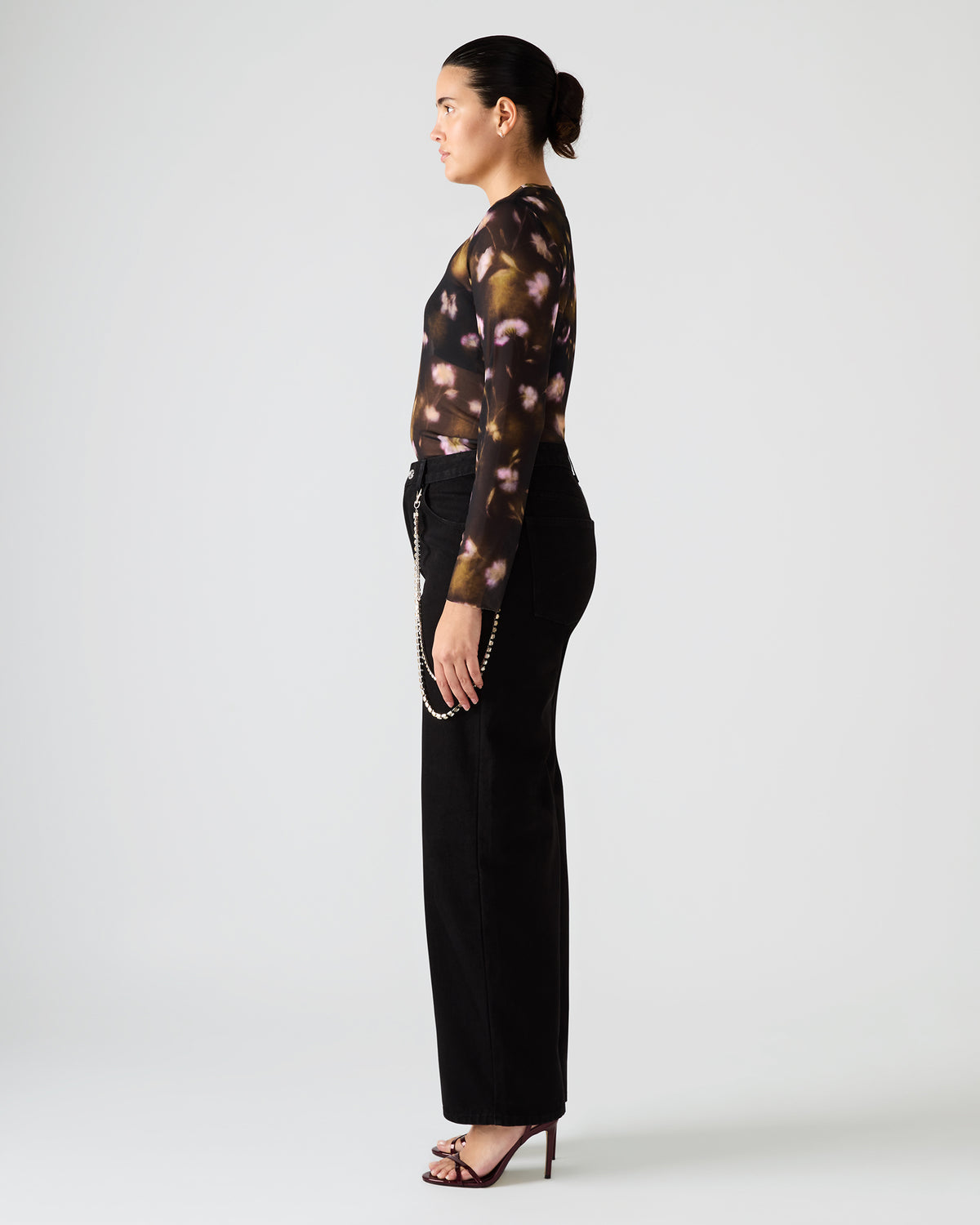 LILIANNA Black Multi Mesh Sheer Long-Sleeved Floral Print Women's Top | Steve Madden Recommended