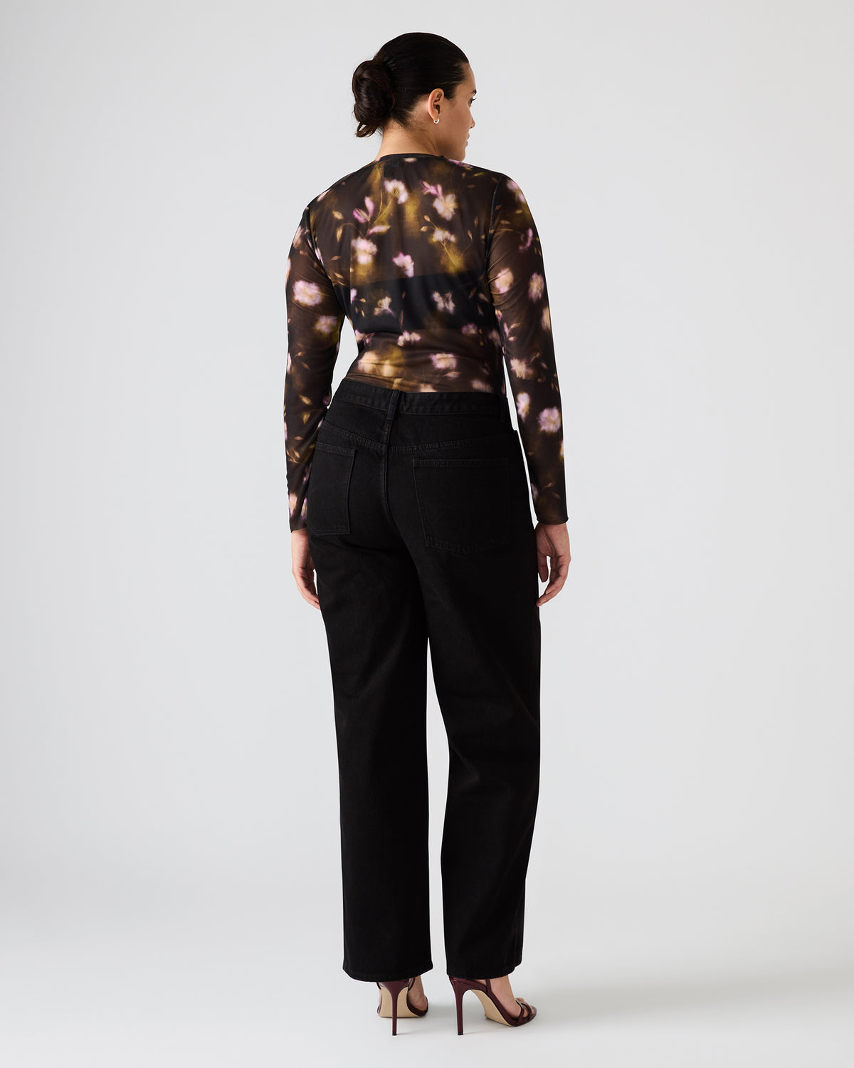 LILIANNA Black Multi Mesh Sheer Long-Sleeved Floral Print Women's Top | Steve Madden Recommended