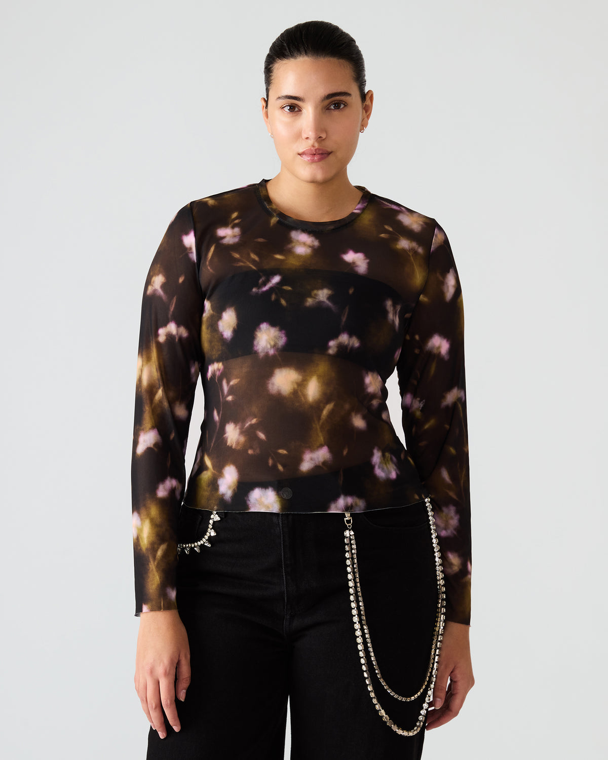 LILIANNA Black Multi Mesh Sheer Long-Sleeved Floral Print Women's Top | Steve Madden Recommended