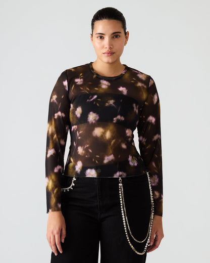 LILIANNA Black Multi Mesh Sheer Long-Sleeved Floral Print Women's Top | Steve Madden Recommended