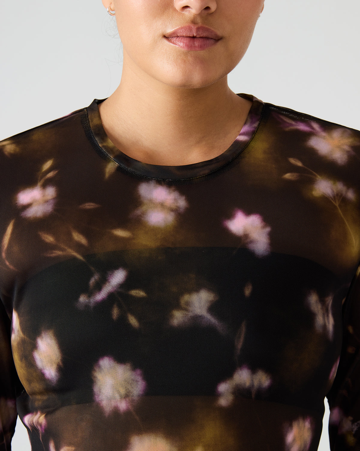 LILIANNA Black Multi Mesh Sheer Long-Sleeved Floral Print Women's Top | Steve Madden Recommended