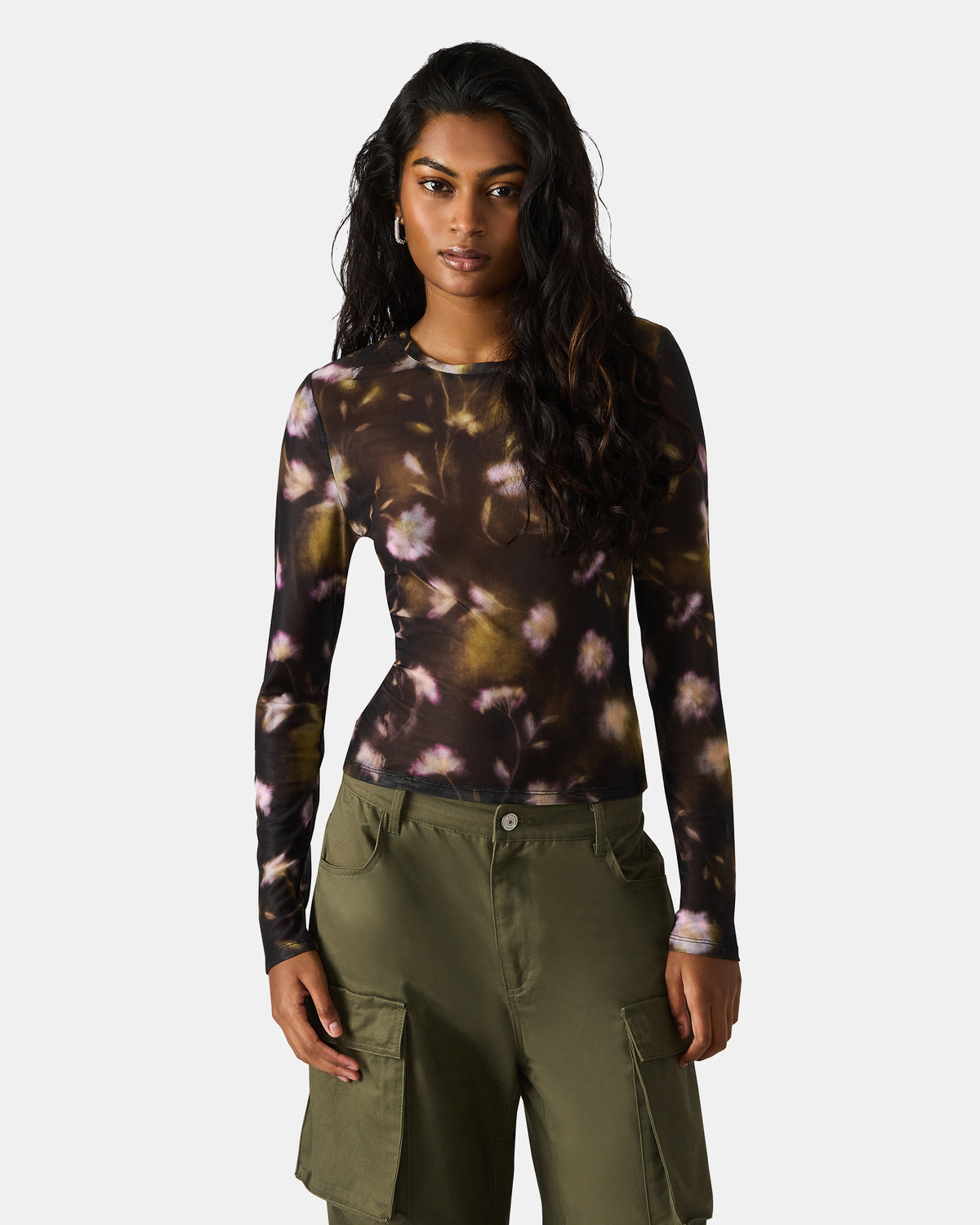 LILIANNA Black Multi Mesh Sheer Long-Sleeved Floral Print Women's Top | Steve Madden Recommended
