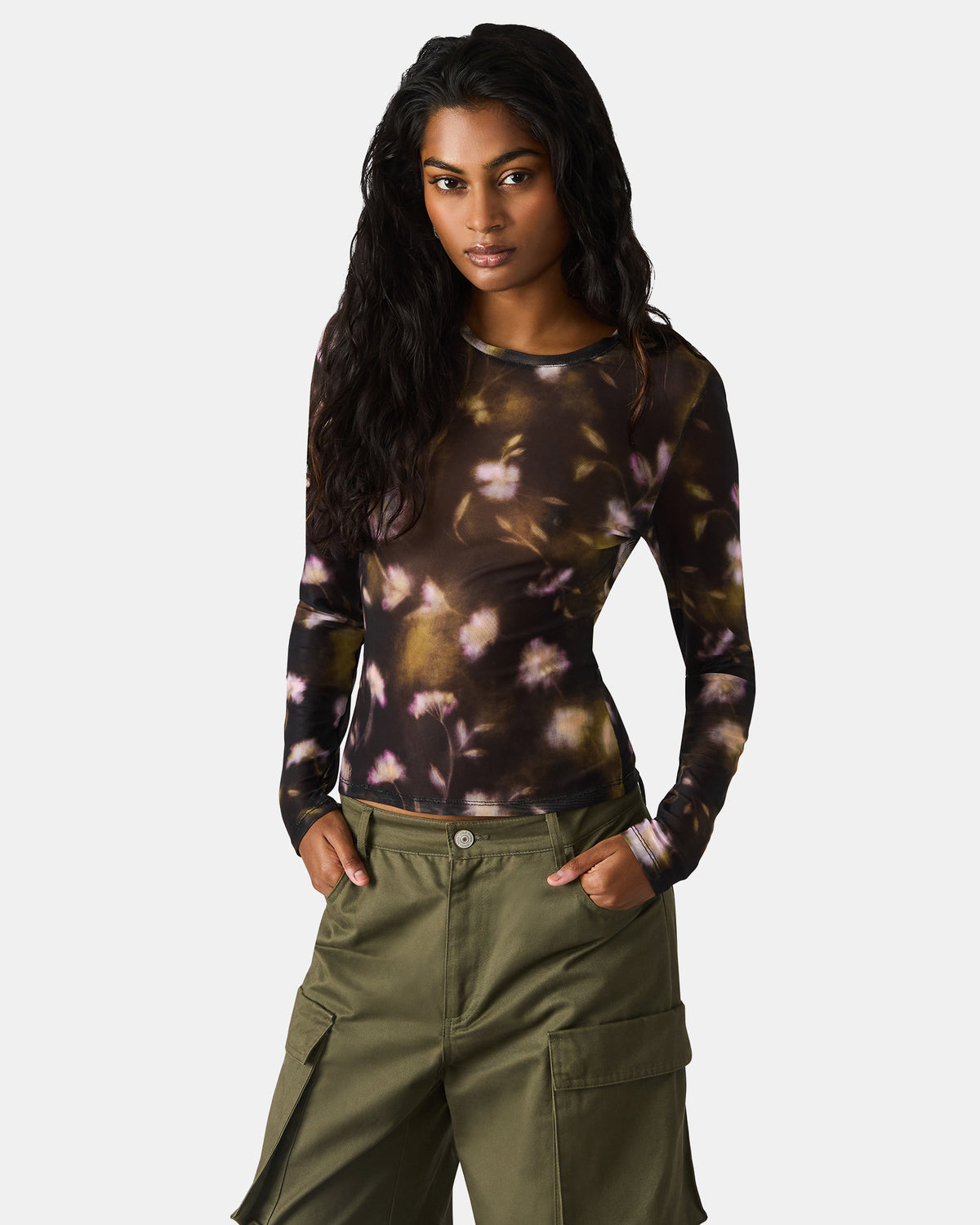LILIANNA Black Multi Mesh Sheer Long-Sleeved Floral Print Women's Top | Steve Madden Recommended