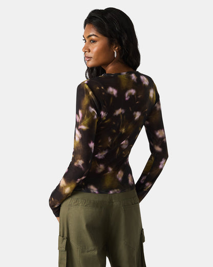 LILIANNA Black Multi Mesh Sheer Long-Sleeved Floral Print Women's Top | Steve Madden Recommended