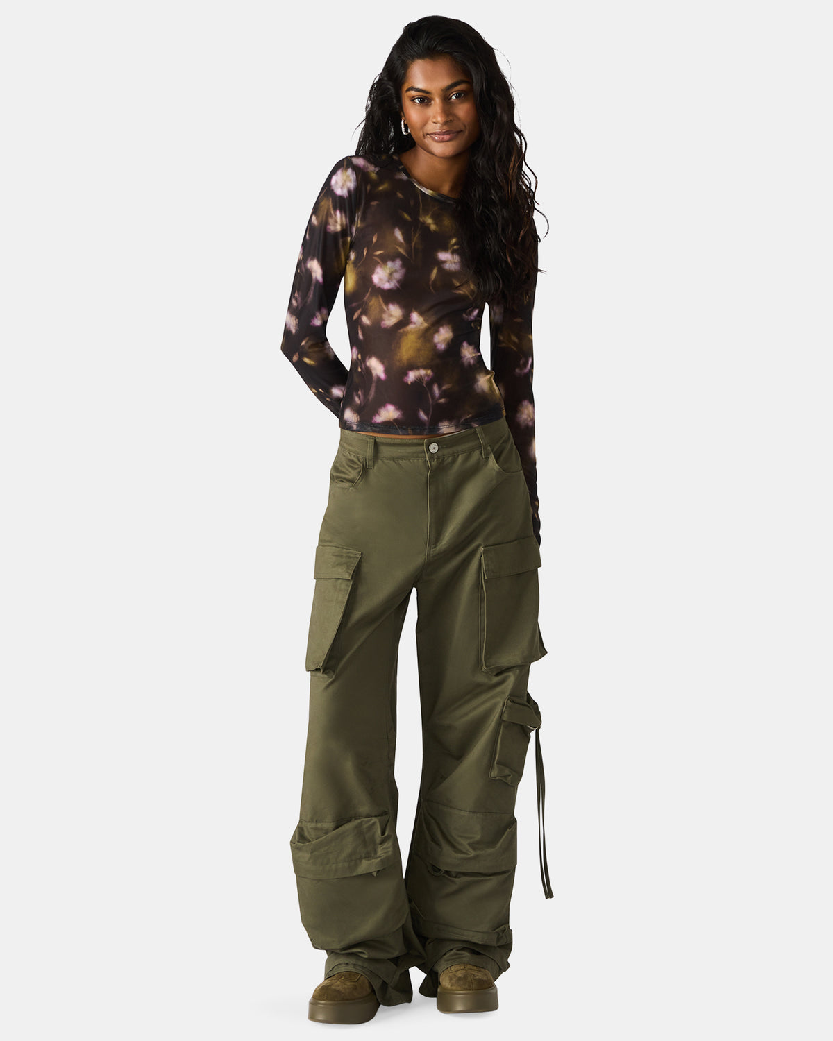LILIANNA Black Multi Mesh Sheer Long-Sleeved Floral Print Women's Top | Steve Madden Recommended