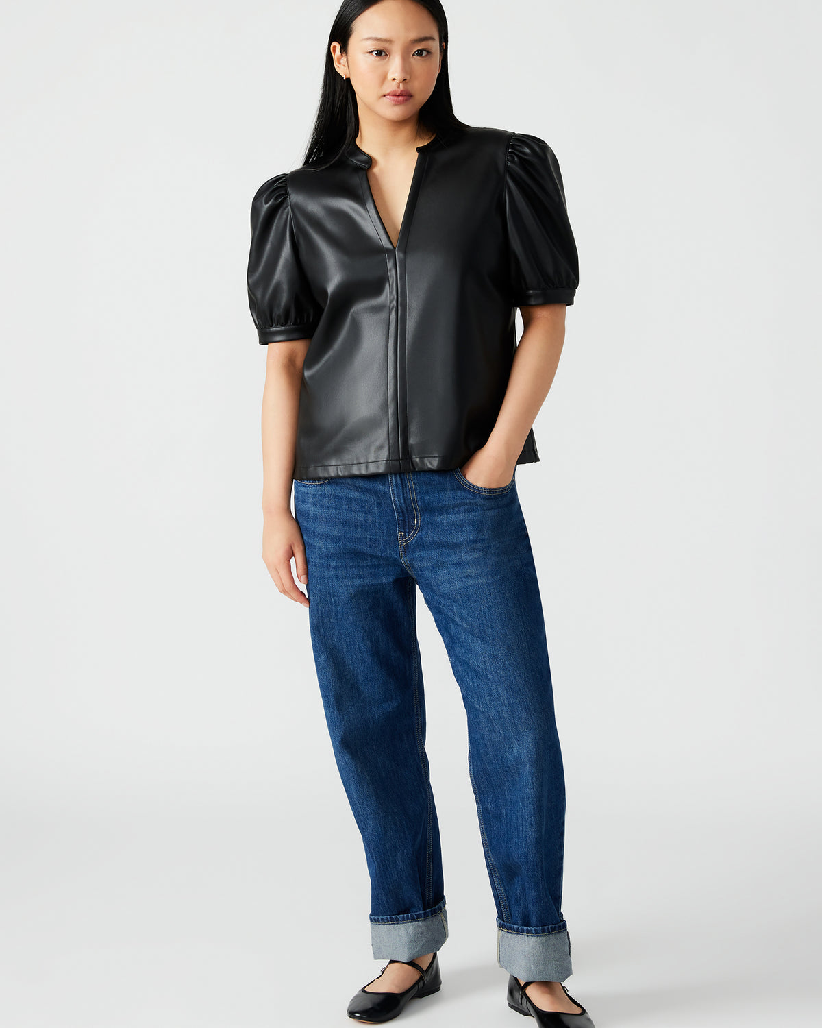 JANE Black Women's Short-Sleeved Suede Top | Steve Madden Trusted