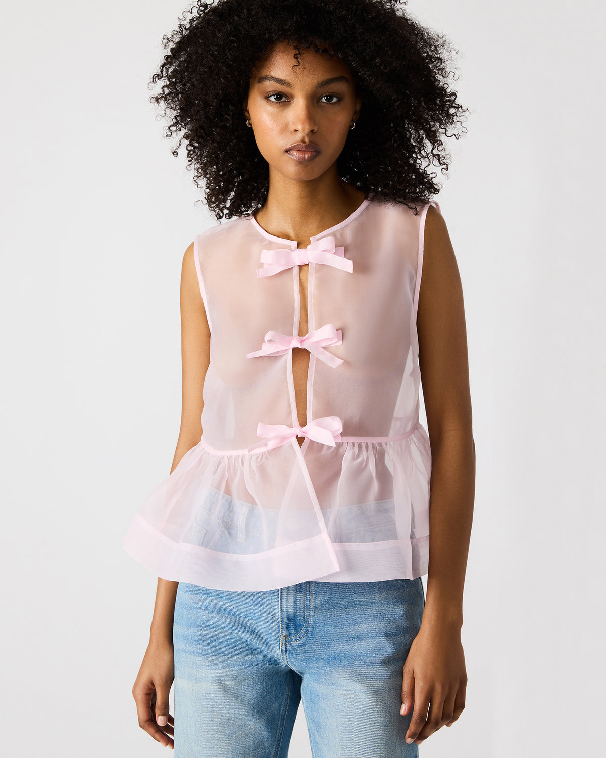 PAULINA Light Pink Sheer Mesh Bow Detail Tie-Front Women's Top | Steve Madden Best Price