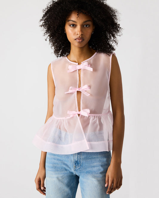 PAULINA Light Pink Sheer Mesh Bow Detail Tie-Front Women's Top | Steve Madden Best Price
