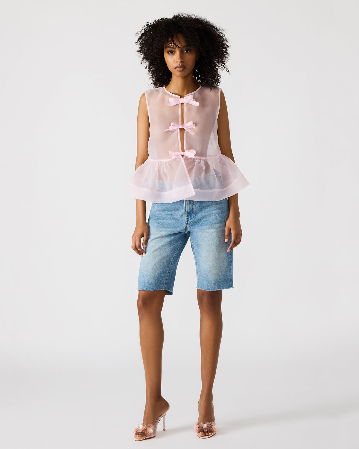 PAULINA Light Pink Sheer Mesh Bow Detail Tie-Front Women's Top | Steve Madden Best Price