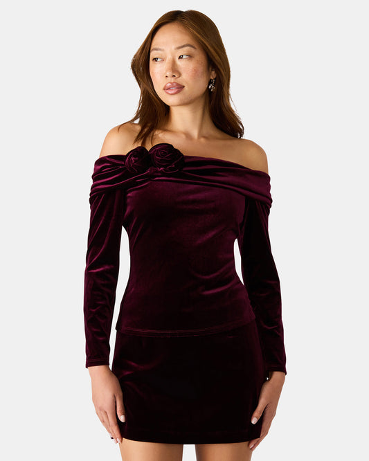 LICI Wine Long-Sleeved Velvet Rose Off-The-Shoulder Women's Top | Steve Madden Premium
