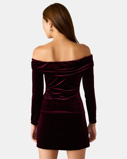LICI Wine Long-Sleeved Velvet Rose Off-The-Shoulder Women's Top | Steve Madden Premium