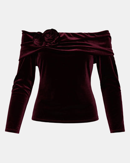 LICI Wine Long-Sleeved Velvet Rose Off-The-Shoulder Women's Top | Steve Madden Premium