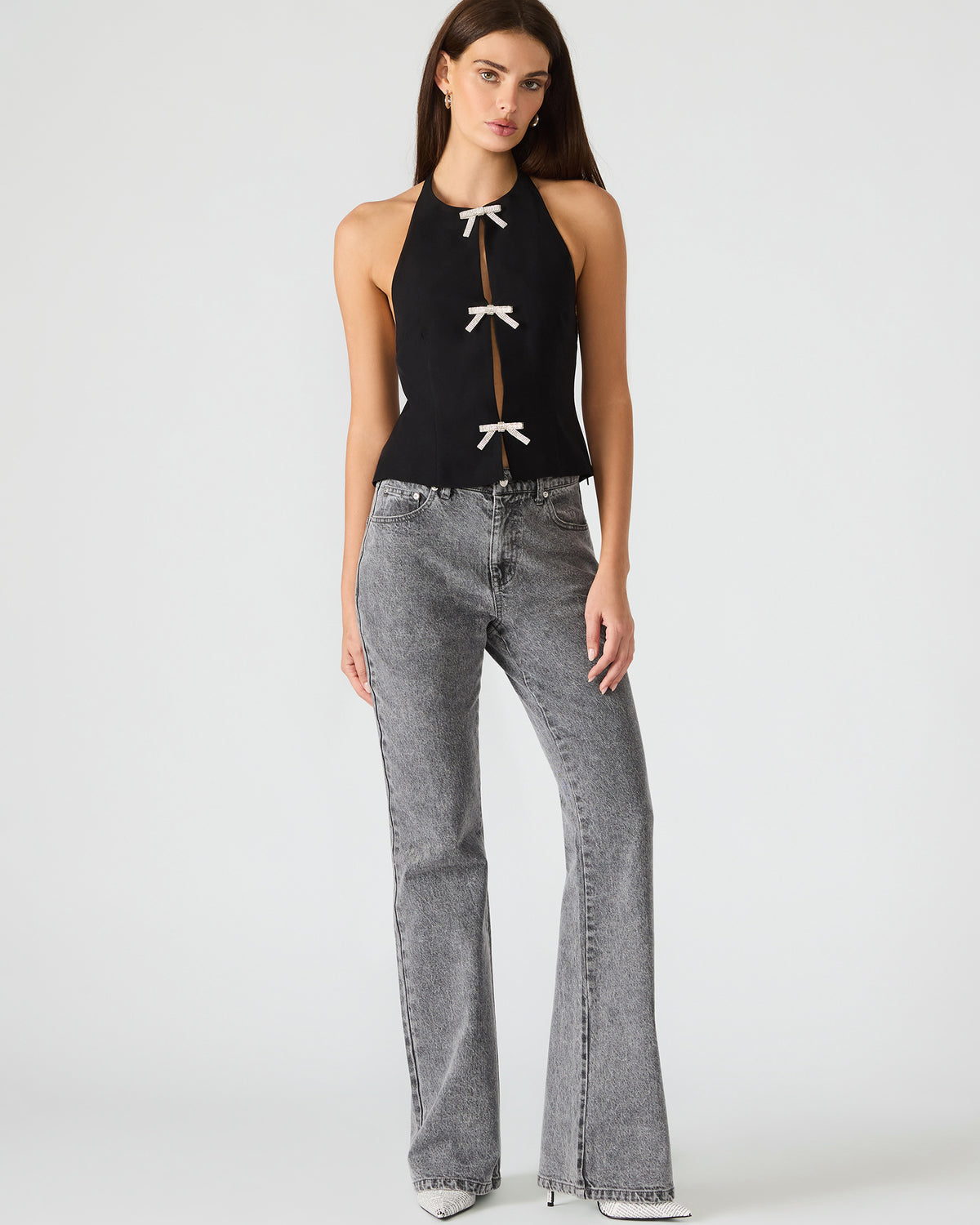 JUVIA Black Sleeveless Bow Detail Halter Women's Top | Steve Madden Great Value