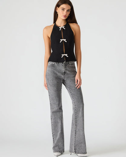 JUVIA Black Sleeveless Bow Detail Halter Women's Top | Steve Madden Great Value