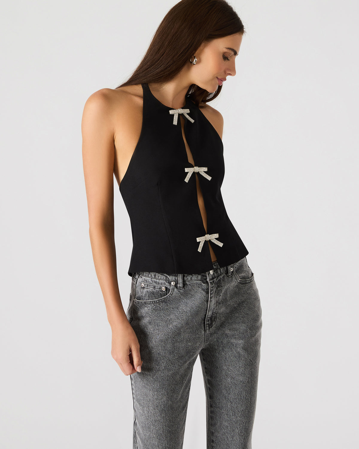 JUVIA Black Sleeveless Bow Detail Halter Women's Top | Steve Madden Great Value