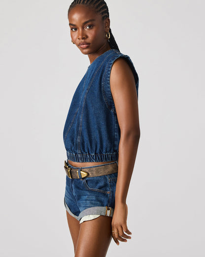 LEILA Denim Dark Blue Sleeveless Zipper Detail Women's Top | Steve Madden Great Value