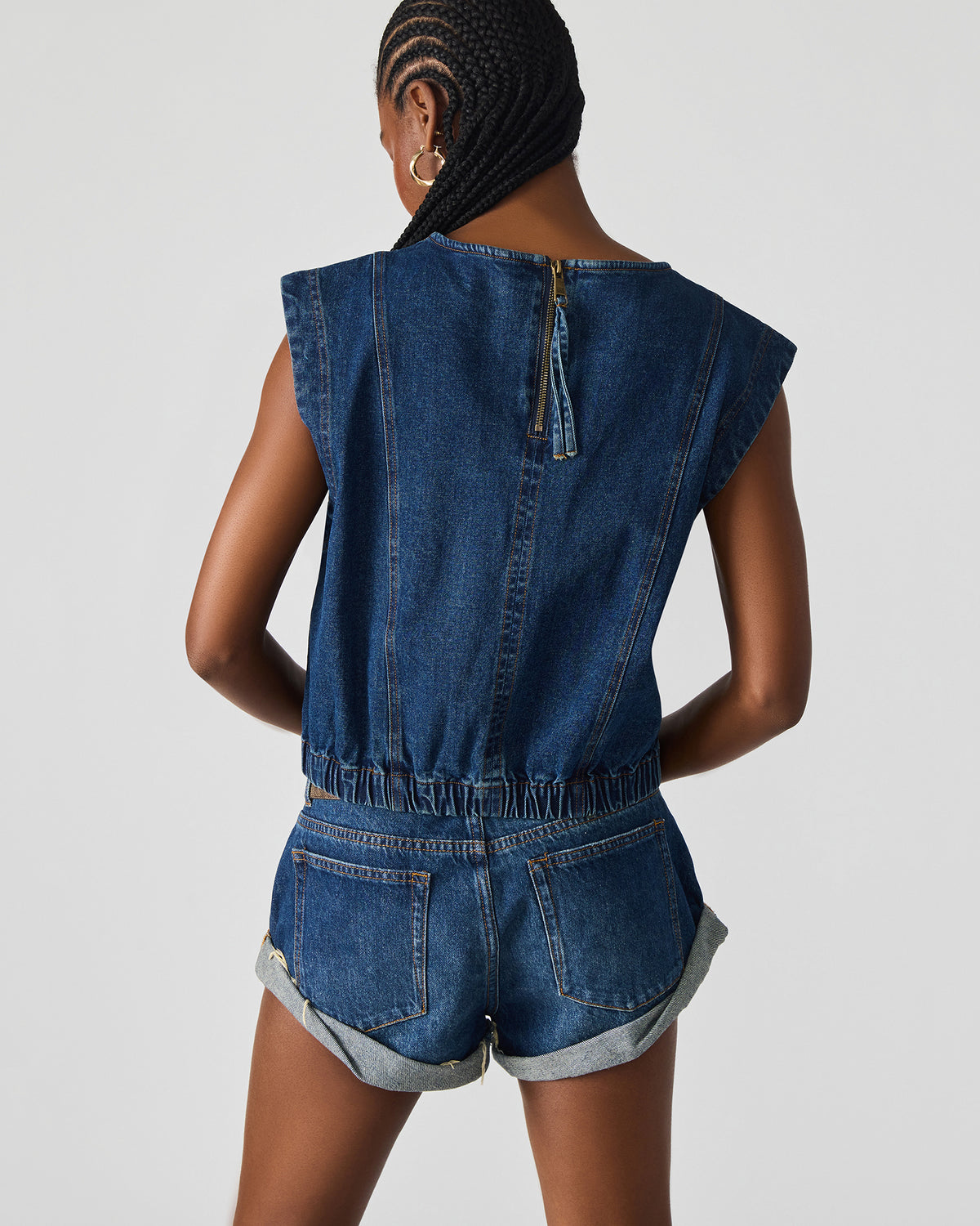 LEILA Denim Dark Blue Sleeveless Zipper Detail Women's Top | Steve Madden Great Value