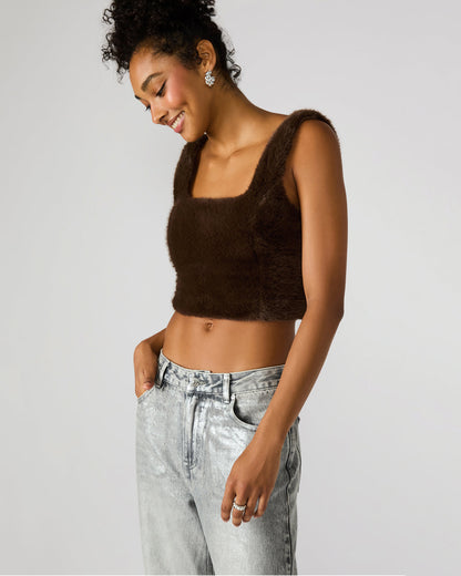 HANNIA Faux Fur Dark Espresso Cropped Women's Top | Steve Madden Classic