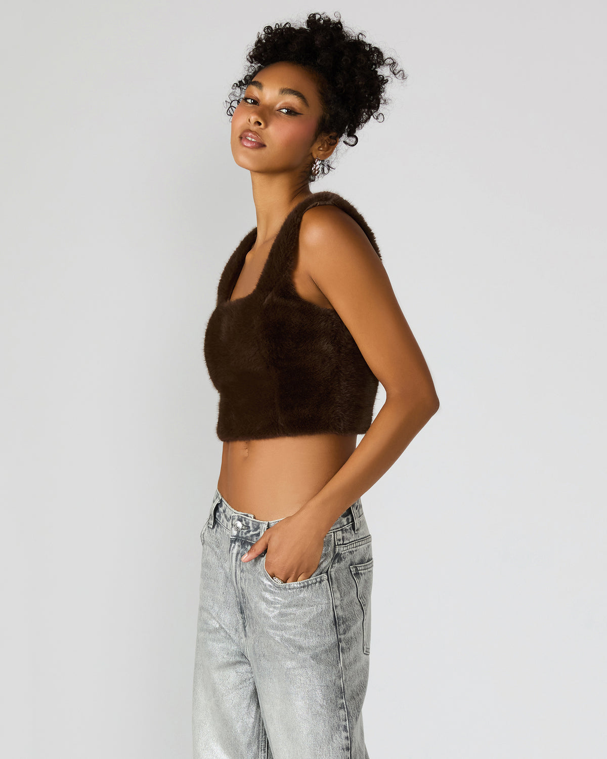HANNIA Faux Fur Dark Espresso Cropped Women's Top | Steve Madden Classic