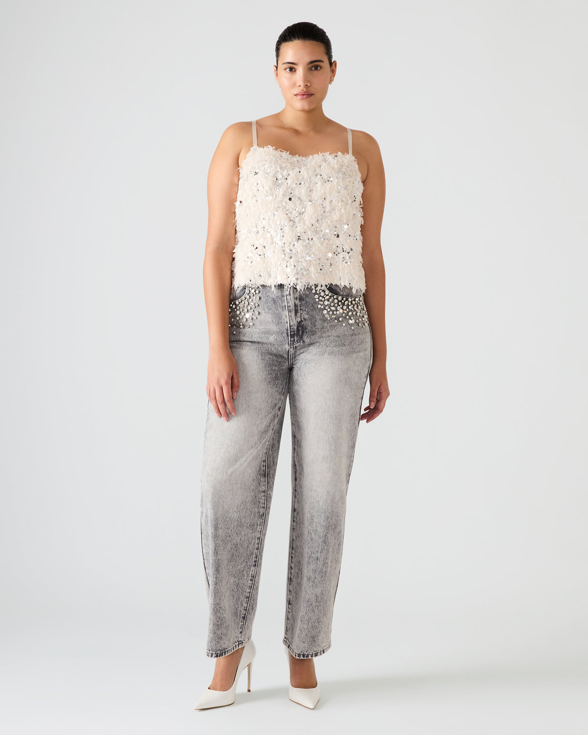 BLAKELYN Ivory Feather Sequin Embellished Women's Top | Steve Madden Sale