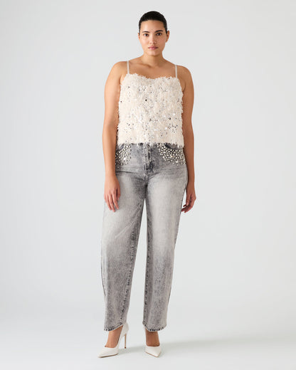 BLAKELYN Ivory Feather Sequin Embellished Women's Top | Steve Madden Sale
