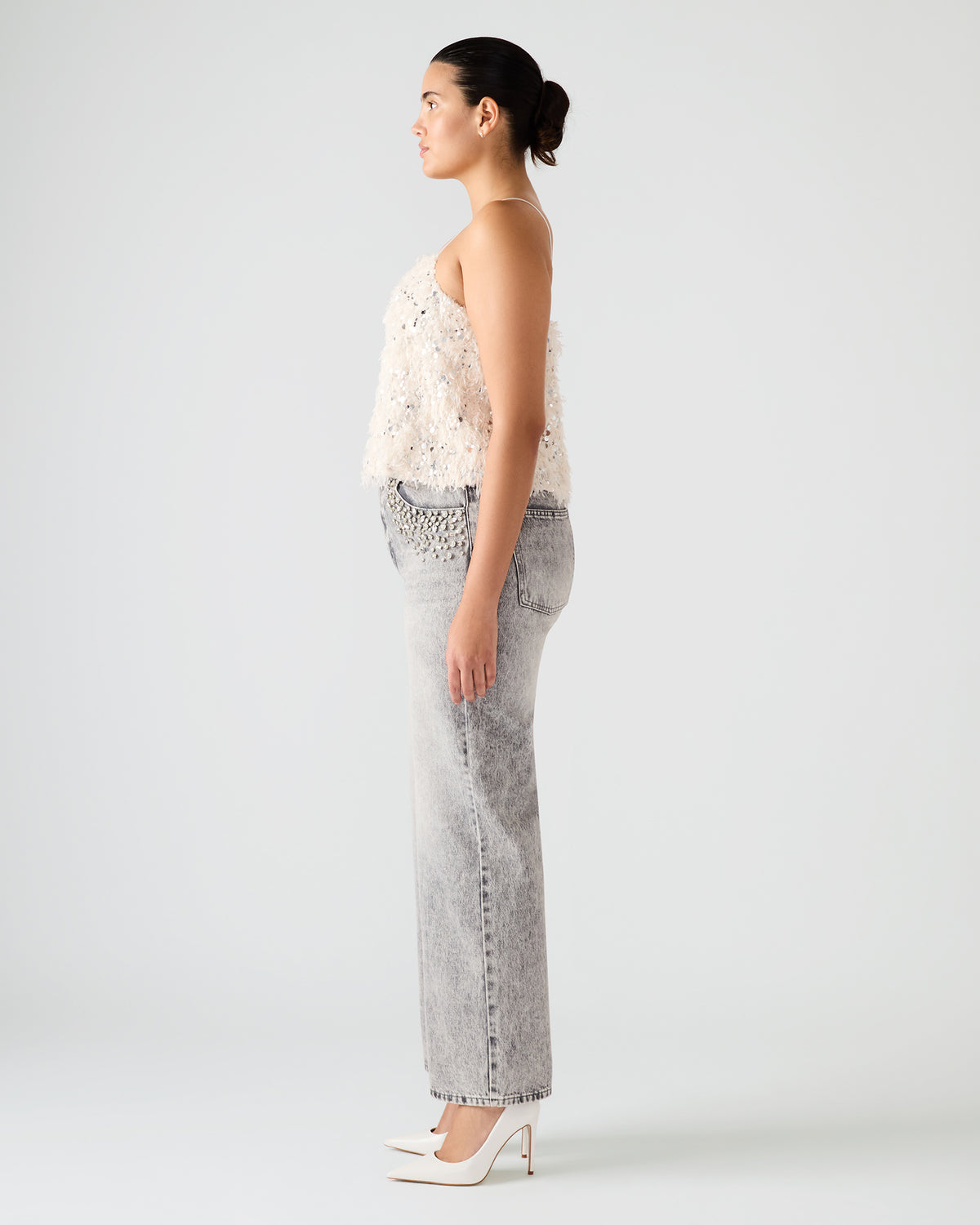 BLAKELYN Ivory Feather Sequin Embellished Women's Top | Steve Madden Sale