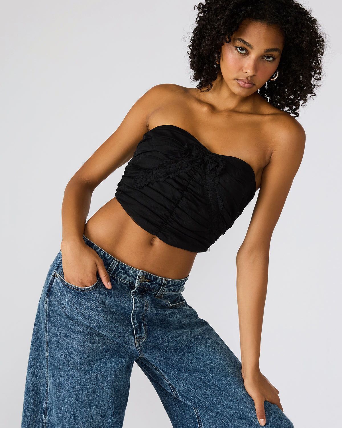 MARTINE Black Strapless Ruched Cropped Corset Women's Top | Steve Madden Great Value