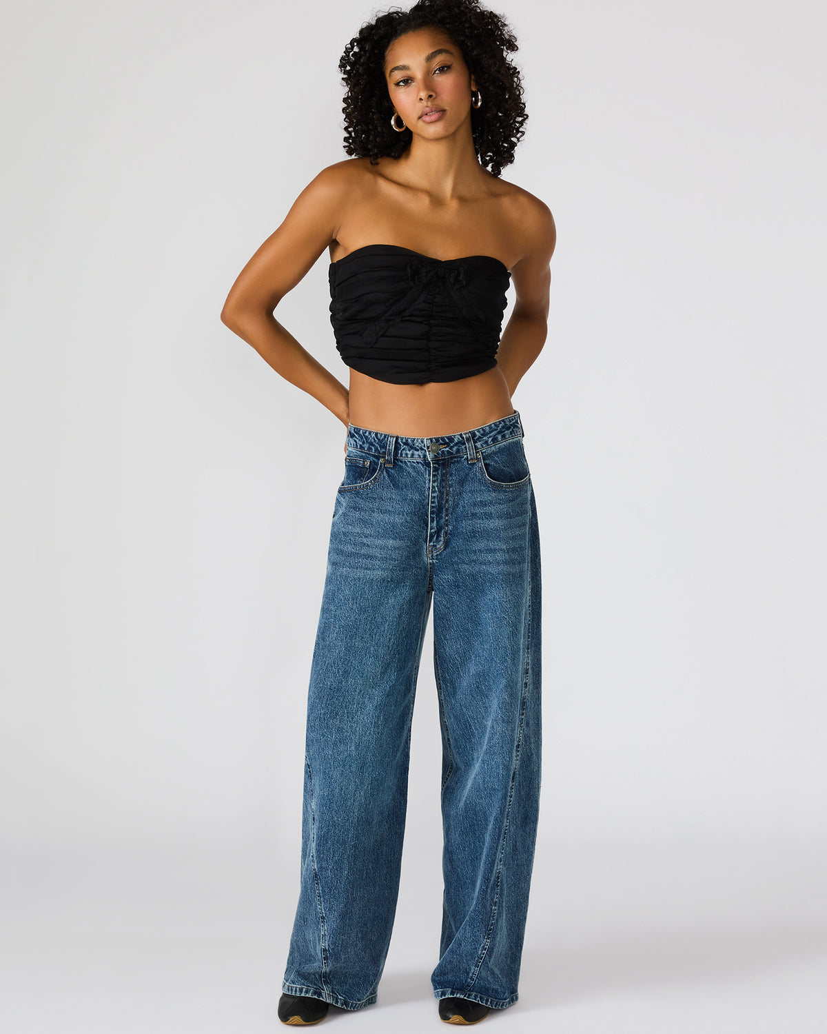 MARTINE Black Strapless Ruched Cropped Corset Women's Top | Steve Madden Great Value