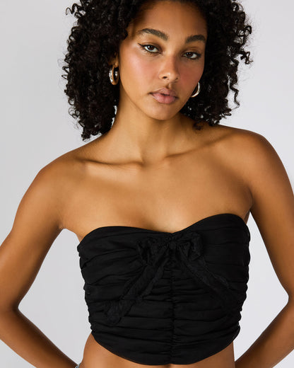 MARTINE Black Strapless Ruched Cropped Corset Women's Top | Steve Madden Great Value