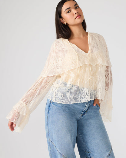 SAYLOR Cream Long-Sleeved Ruffle Mesh Lace Women's Top | Steve Madden Latest