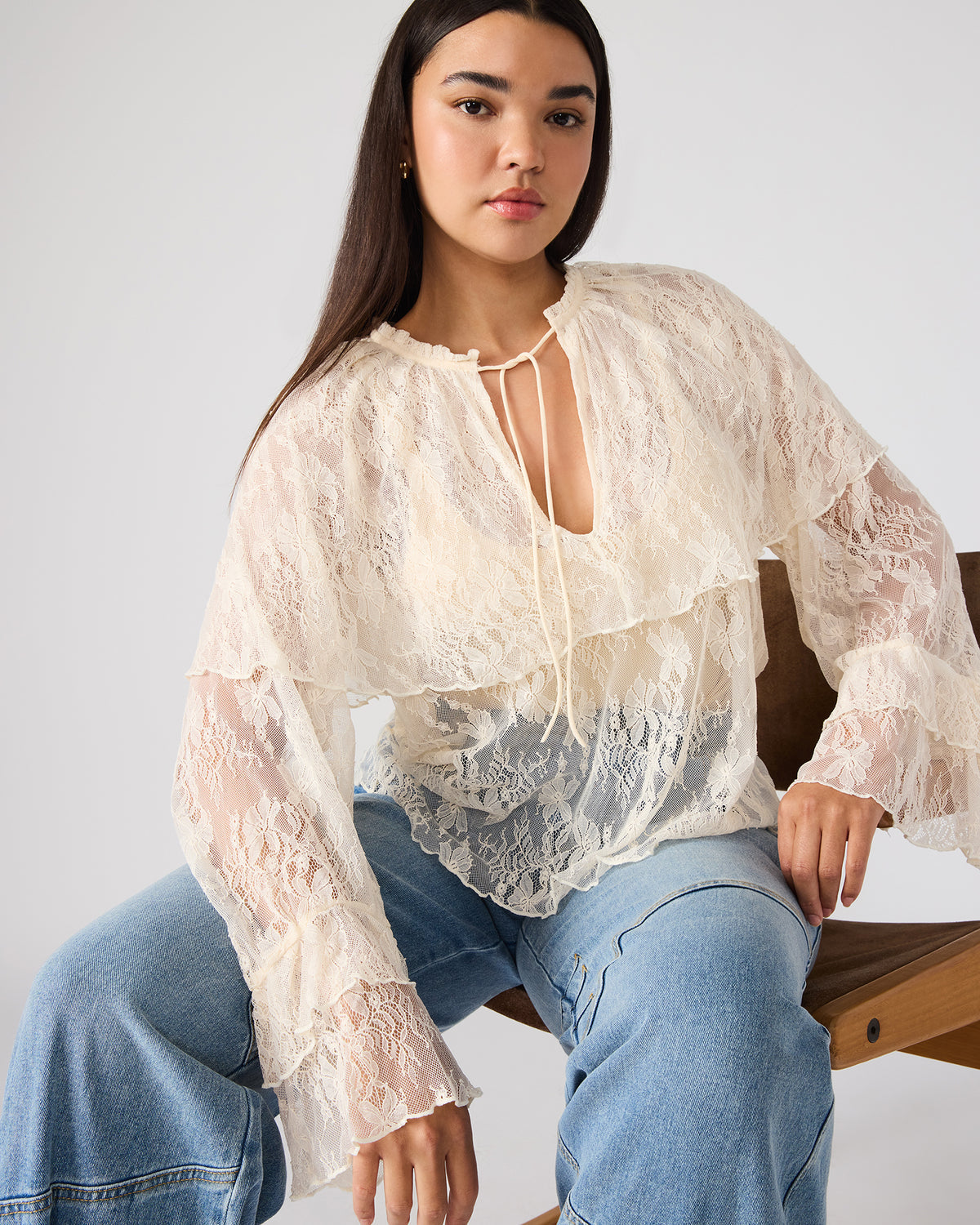 SAYLOR Cream Long-Sleeved Ruffle Mesh Lace Women's Top | Steve Madden Latest