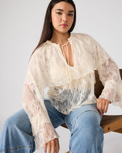 SAYLOR Cream Long-Sleeved Ruffle Mesh Lace Women's Top | Steve Madden Latest