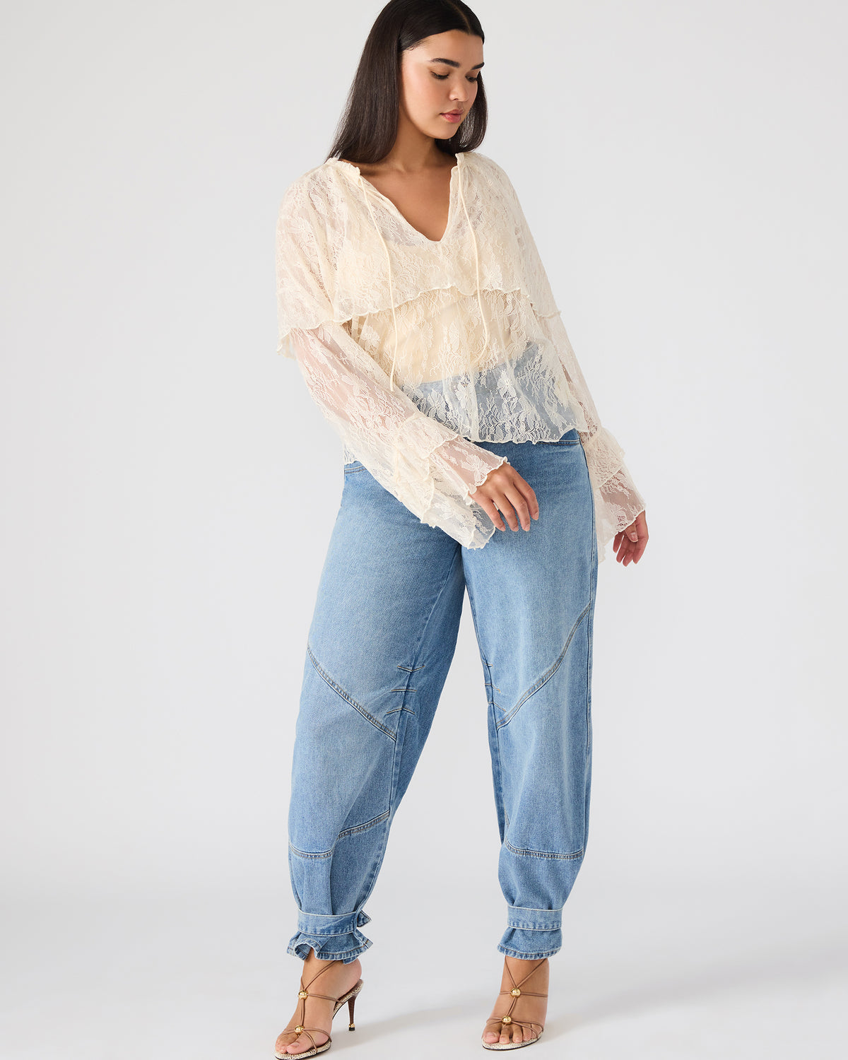 SAYLOR Cream Long-Sleeved Ruffle Mesh Lace Women's Top | Steve Madden Latest