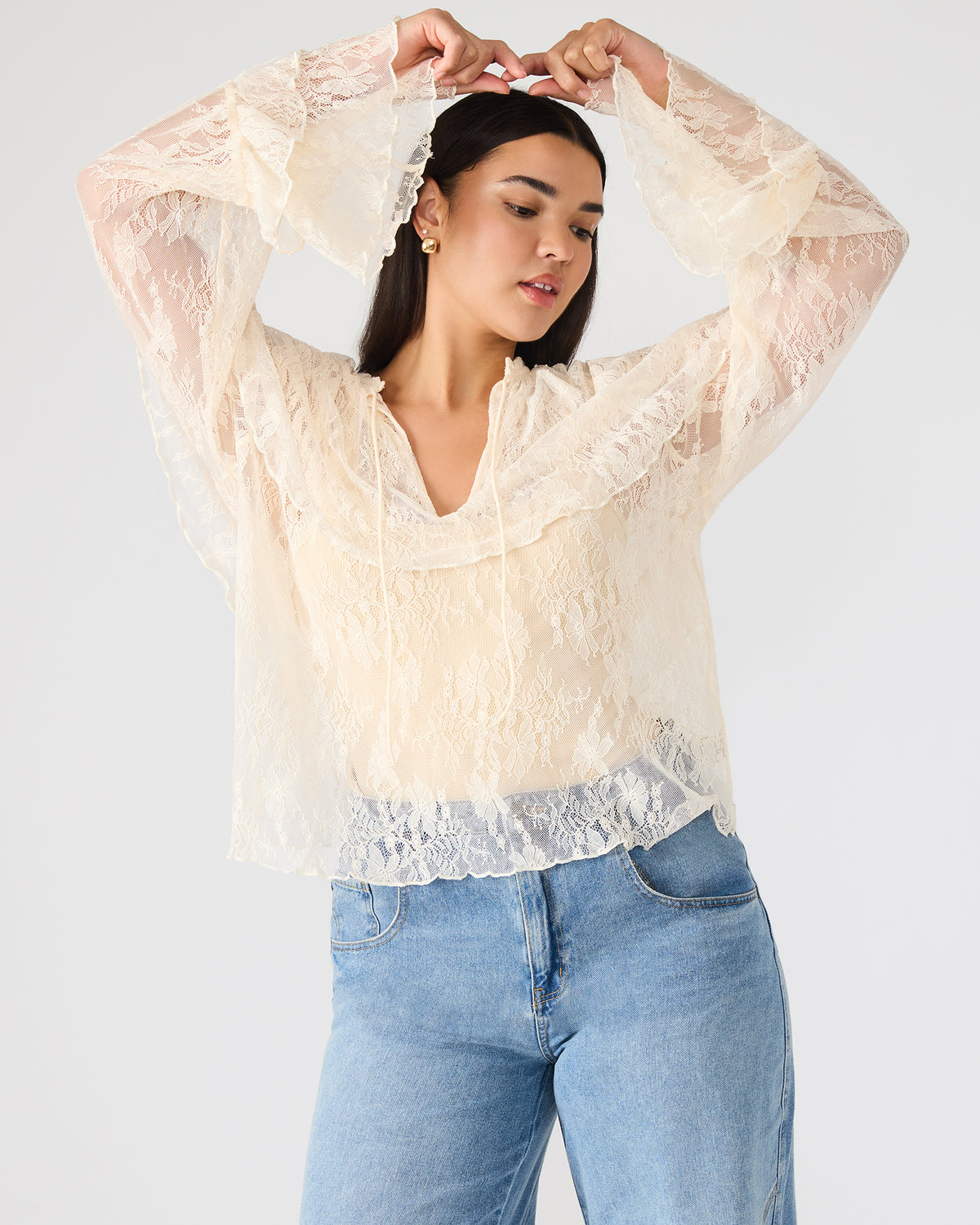 SAYLOR Cream Long-Sleeved Ruffle Mesh Lace Women's Top | Steve Madden Latest