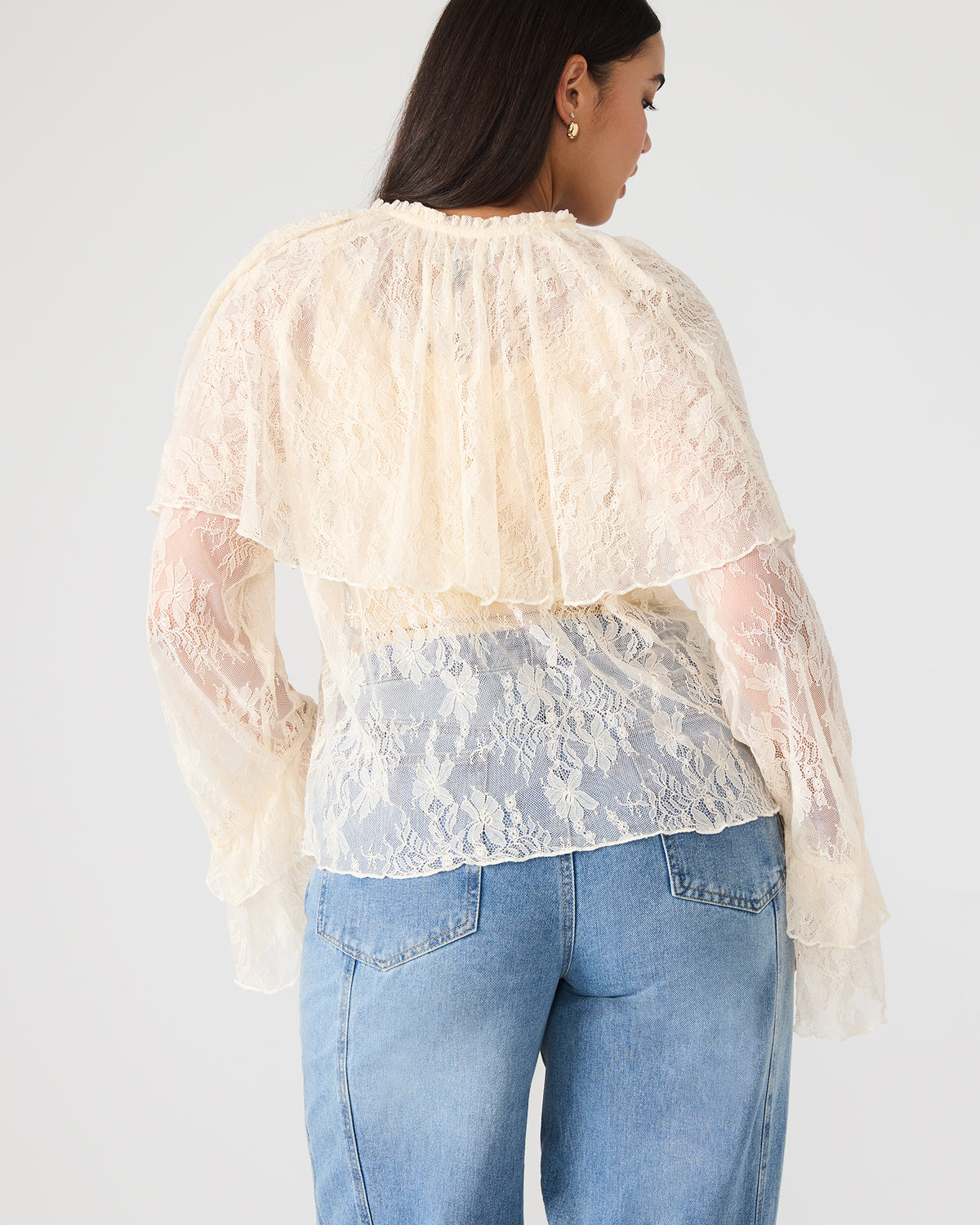 SAYLOR Cream Long-Sleeved Ruffle Mesh Lace Women's Top | Steve Madden Latest