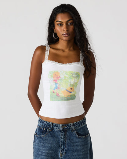 LOVE GOLDIE Antique Lace Trim Sleeveless Graphic Women's Tank Top | Steve Madden Great Value