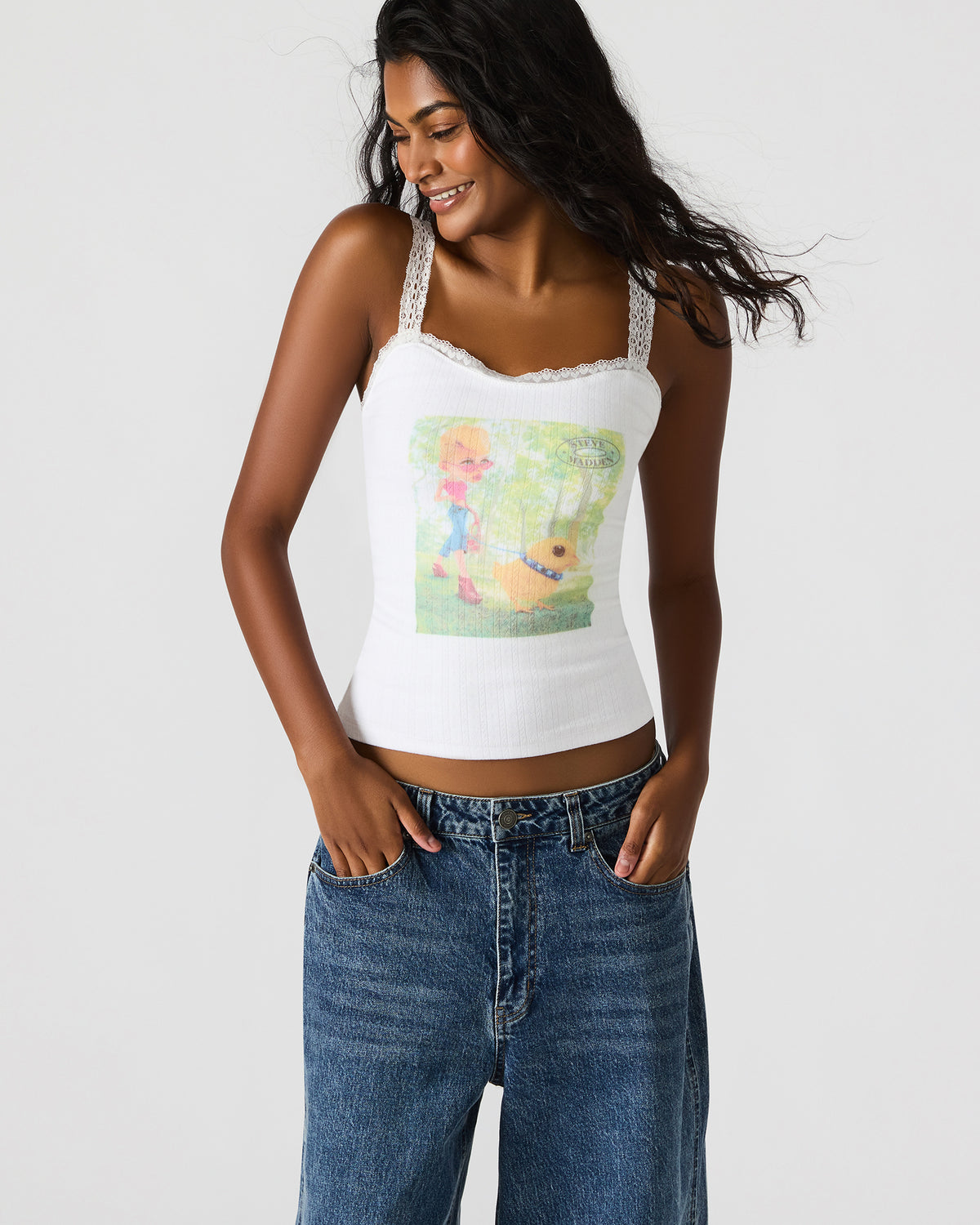 LOVE GOLDIE Antique Lace Trim Sleeveless Graphic Women's Tank Top | Steve Madden Great Value