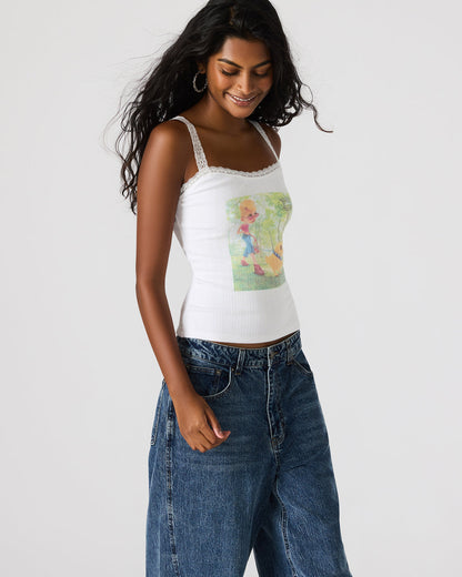 LOVE GOLDIE Antique Lace Trim Sleeveless Graphic Women's Tank Top | Steve Madden Great Value