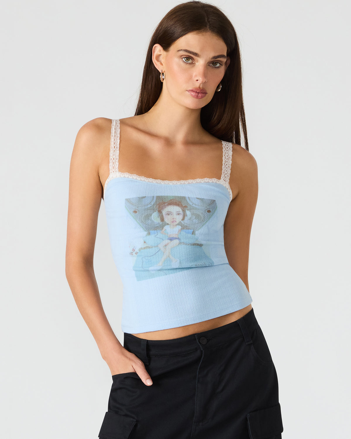 LOVE GOLDIE Surf Blue Lace Trim Sleeveless Graphic Women's Tank Top | Steve Madden Latest