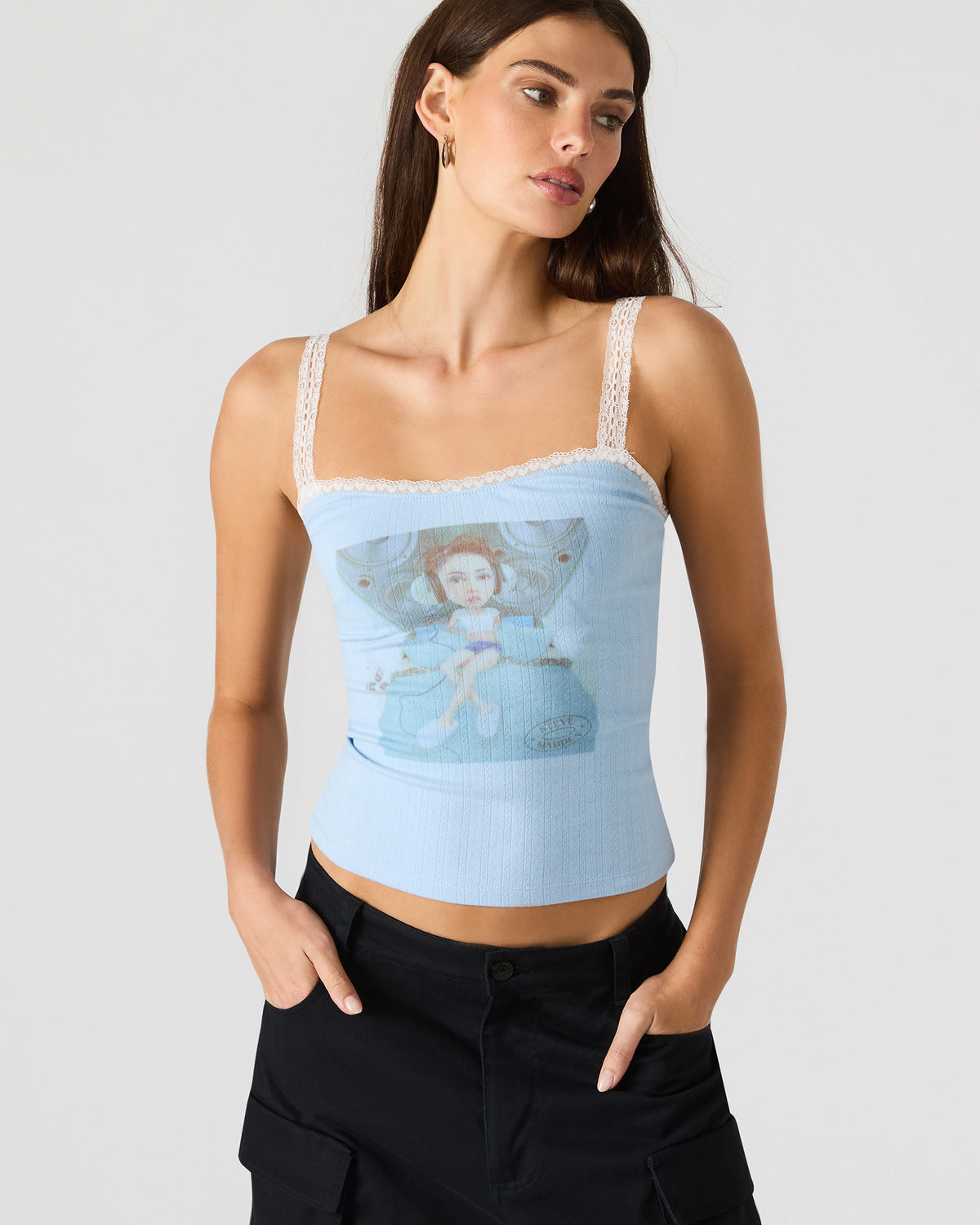 LOVE GOLDIE Surf Blue Lace Trim Sleeveless Graphic Women's Tank Top | Steve Madden Latest