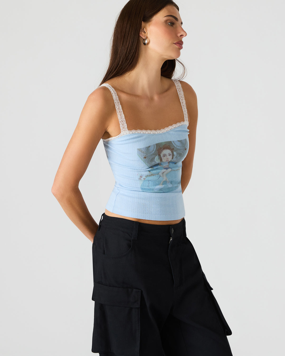 LOVE GOLDIE Surf Blue Lace Trim Sleeveless Graphic Women's Tank Top | Steve Madden Latest