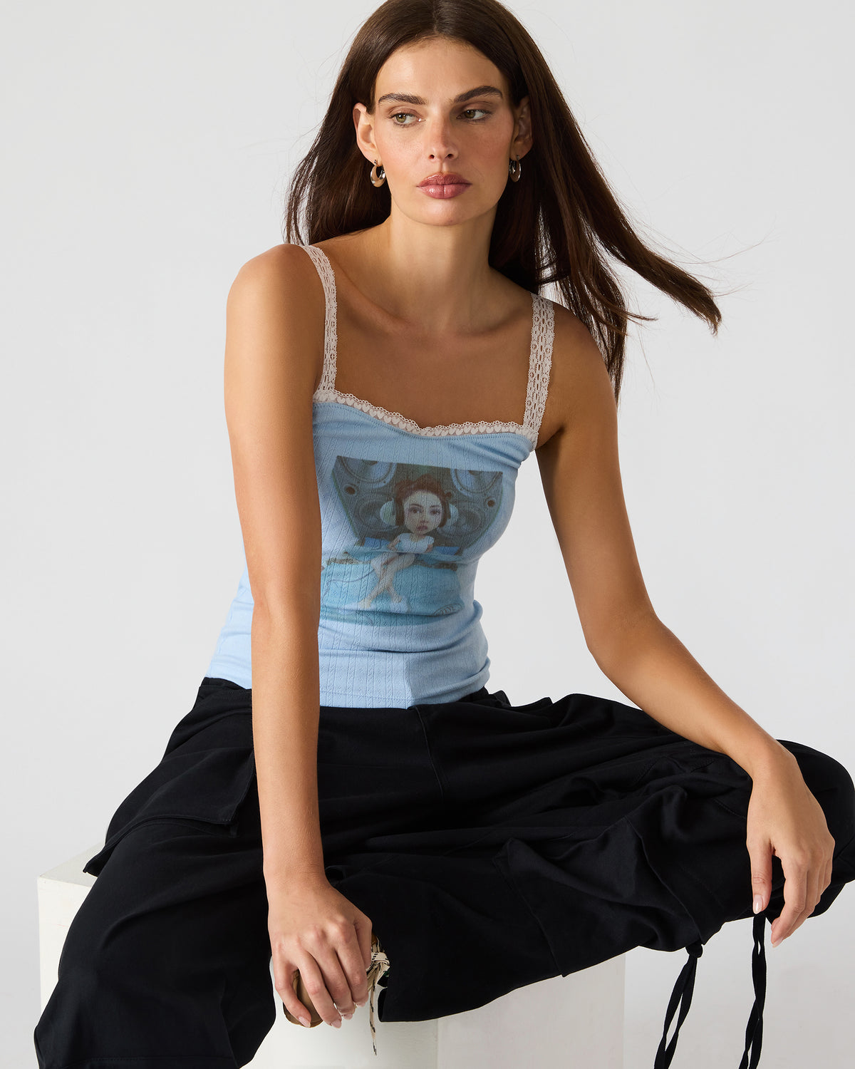 LOVE GOLDIE Surf Blue Lace Trim Sleeveless Graphic Women's Tank Top | Steve Madden Latest