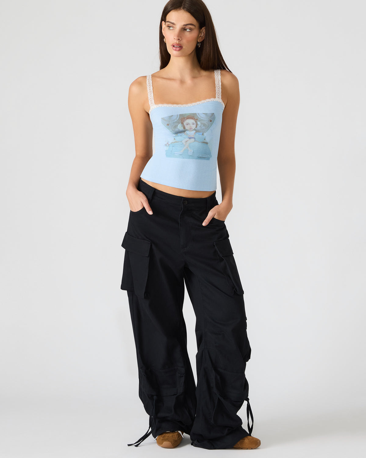 LOVE GOLDIE Surf Blue Lace Trim Sleeveless Graphic Women's Tank Top | Steve Madden Latest