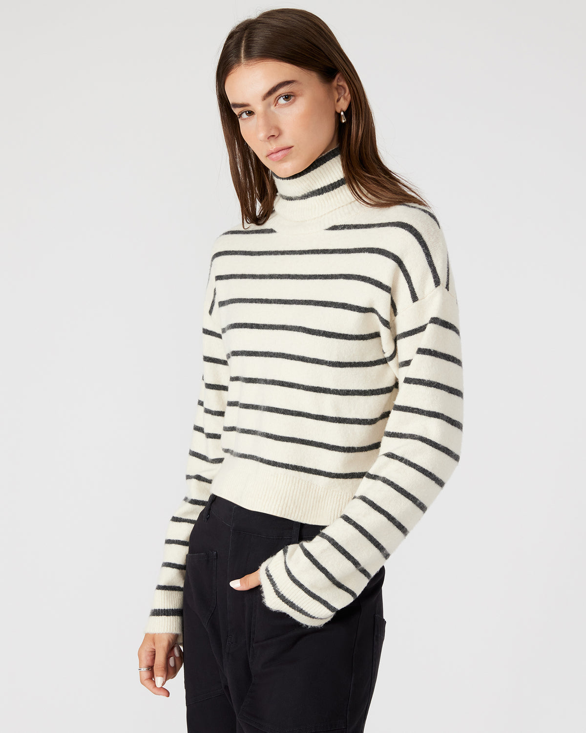 NARSHA Black/White Women's Turtleneck Stripe Sweater | Steve Madden Popular